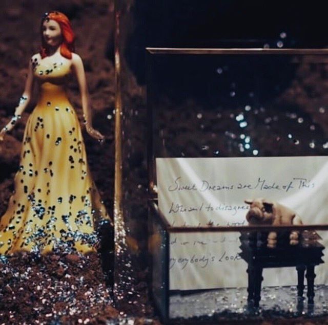 Here’s a small detail from my current MASSMoCA installation -Annie Lennox ‘Now I Let You Go’… The porcelain female figurine represents a ‘backing singer’ in ‘perfect’ performance -The miniature pig inside a glass box sits on the piano stool looks towards her with the hand written lyrics to ‘Sweet Dreams’ – representing the ugly inner critic. They both represent aspects of my life’s experience..